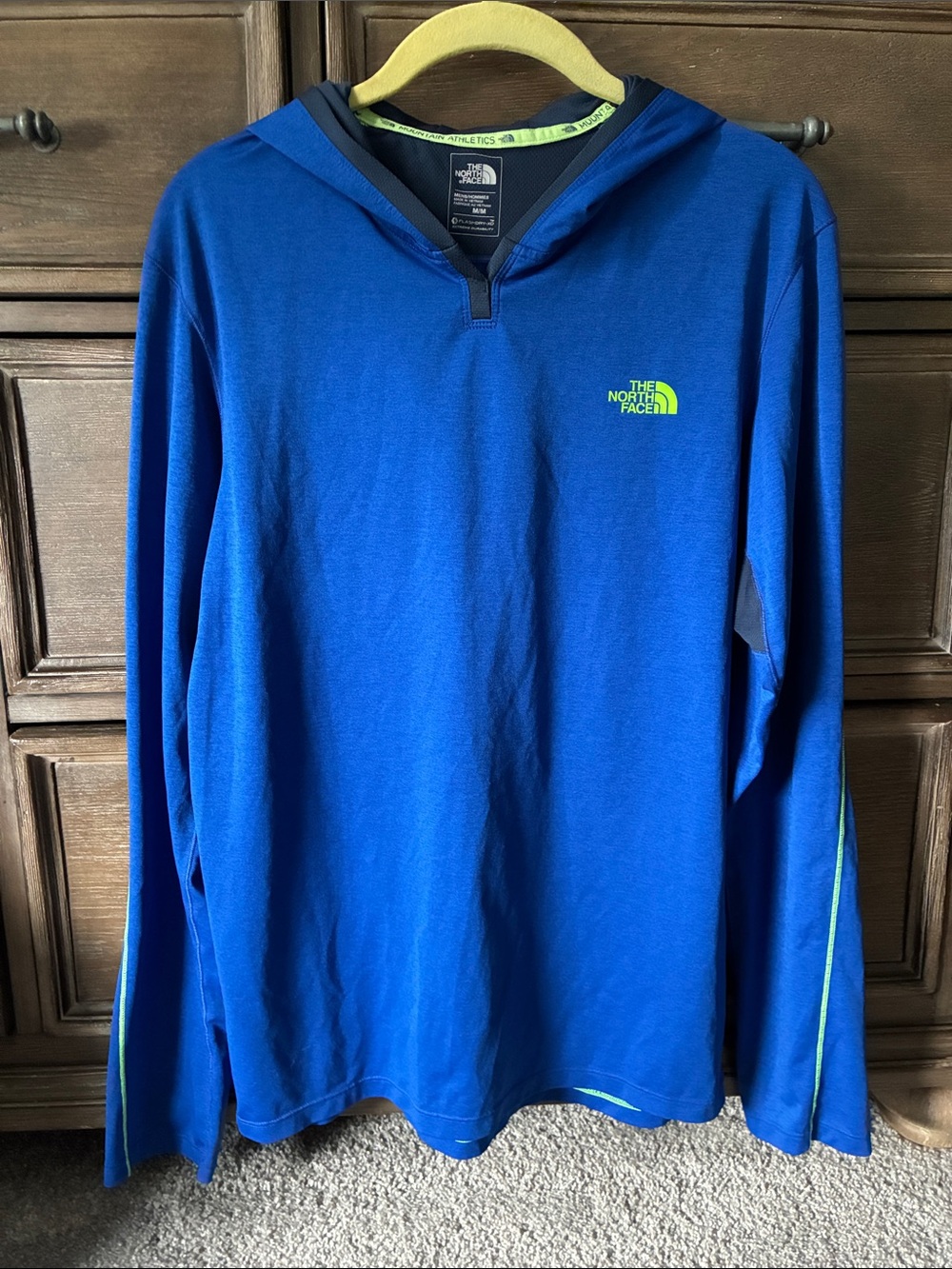 The North Face Royal Blue Hooded Long Sleeve Pullover with Neon Green Logo